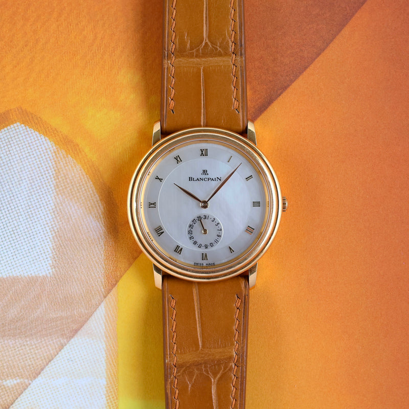 1990s Blancpain Villeret Date 18k Yellow Gold Mother of Pearl Dial 4795 with Original Papers and Booklet