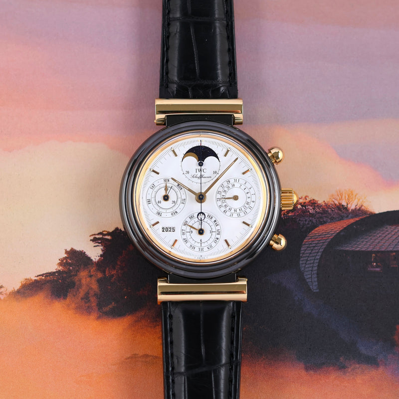 1990s IWC Da Vinci Ceramic 18k Yellow Gold Perpetual Calendar Chronograph 3755 with International Guarantee IWC service papers and documentation