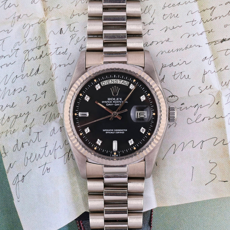 1976 Rolex Oyster Perpetual Day-Date 18k White Gold Diamond-set black matte Dial 1803
