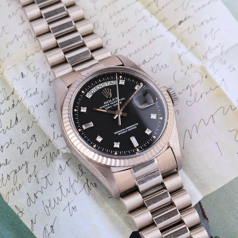 1976 Rolex Oyster Perpetual Day-Date 18k White Gold Diamond-set black matte Dial 1803