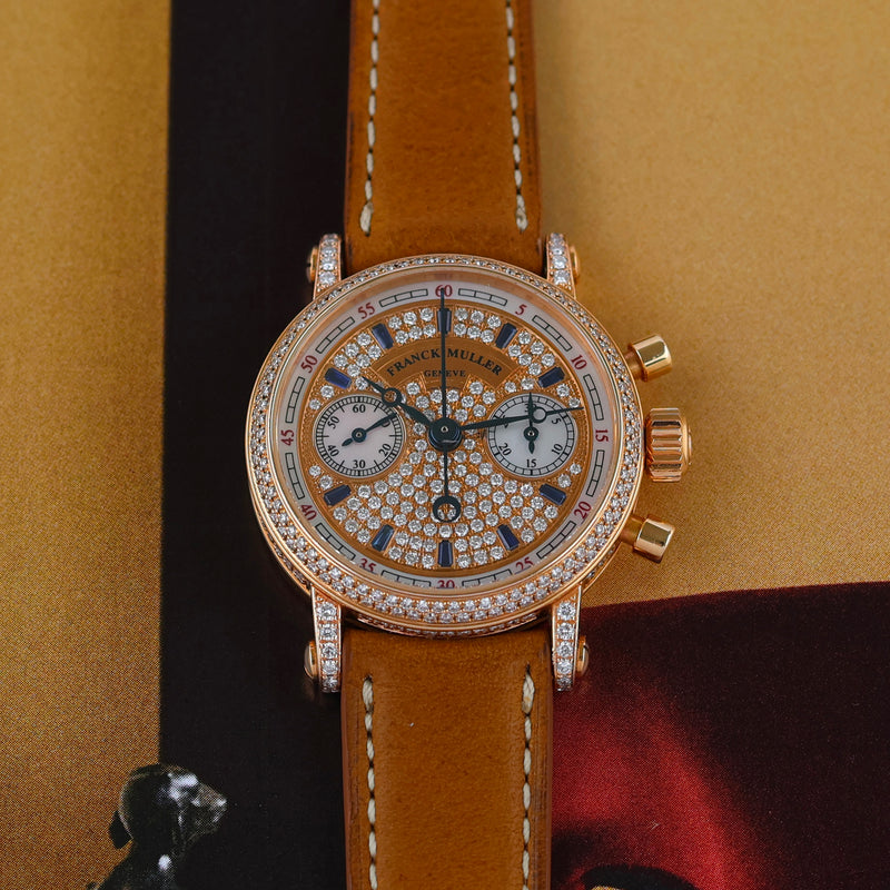 2000s Limited Edition Franck Muller Master of Complications Chronograph Diamond-set case and bezel 18k Yellow Gold Pavé Diamonds Mother of Pearl and Sapphire Dial 2960