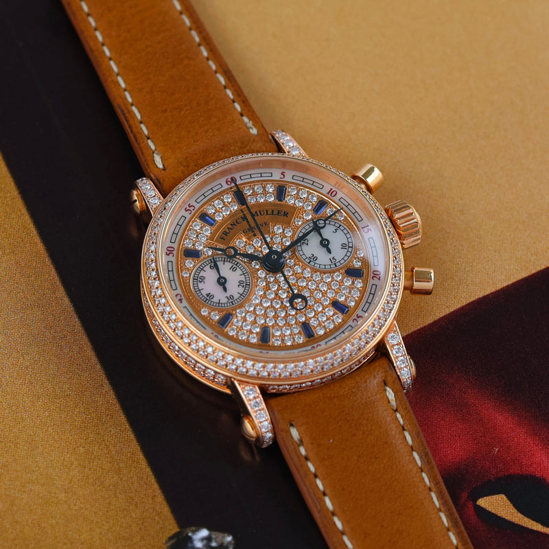 2000s Limited Edition Franck Muller Master of Complications Chronograph Diamond-set case and bezel 18k Yellow Gold Pavé Diamonds Mother of Pearl and Sapphire Dial 2960