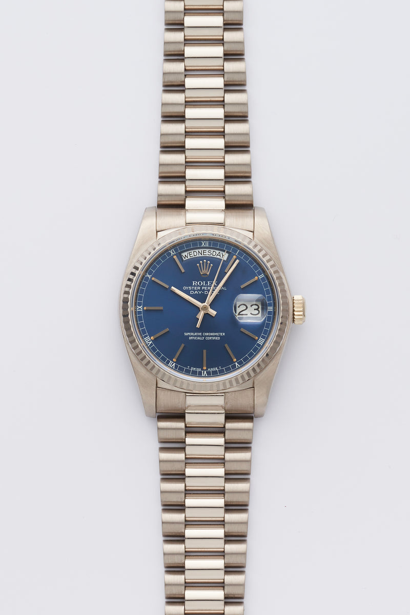 1982 Rolex Oyster Perpetual Day-Date 18k White Gold Blue Dial 18039