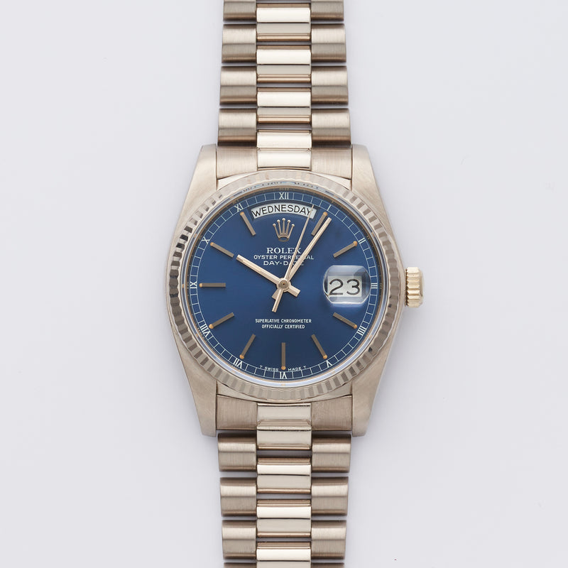 1982 Rolex Oyster Perpetual Day-Date 18k White Gold Blue Dial 18039