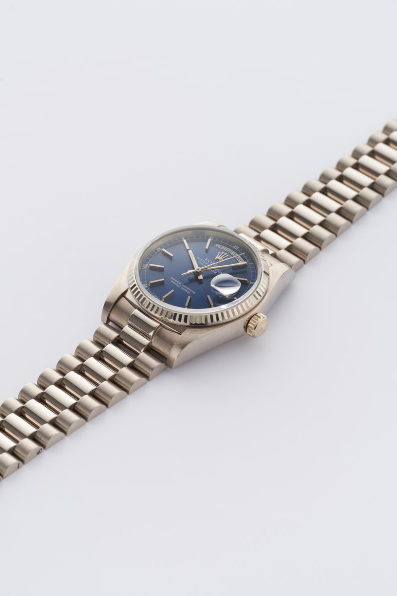 1982 Rolex Oyster Perpetual Day-Date 18k White Gold Blue Dial 18039