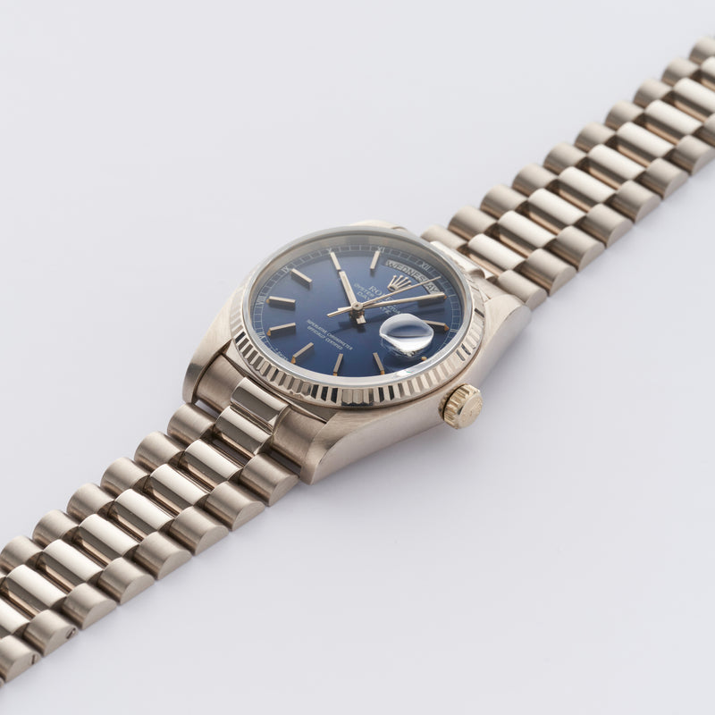 1982 Rolex Oyster Perpetual Day-Date 18k White Gold Blue Dial 18039