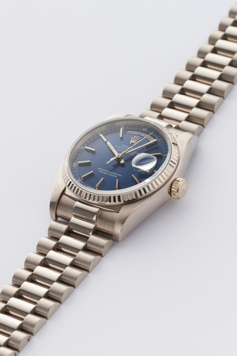 1982 Rolex Oyster Perpetual Day-Date 18k White Gold Blue Dial 18039