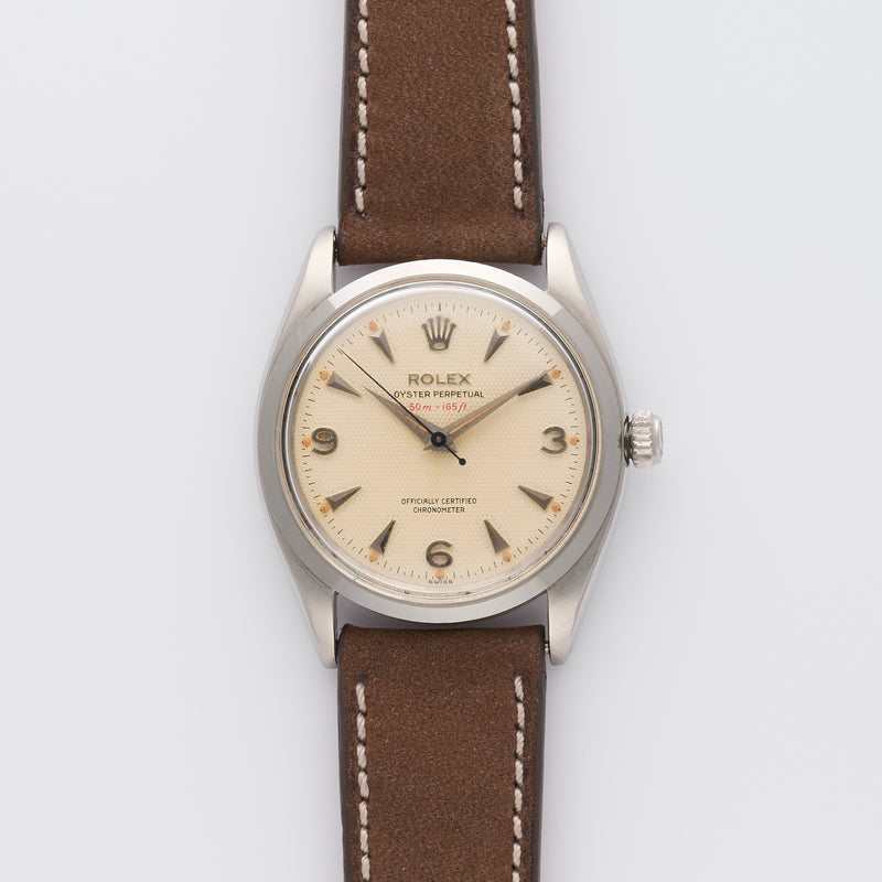 1956 Rolex Oyster Perpetual "Red Depth" 50m=165 ft Explorer Honeycomb Creme dial 6564