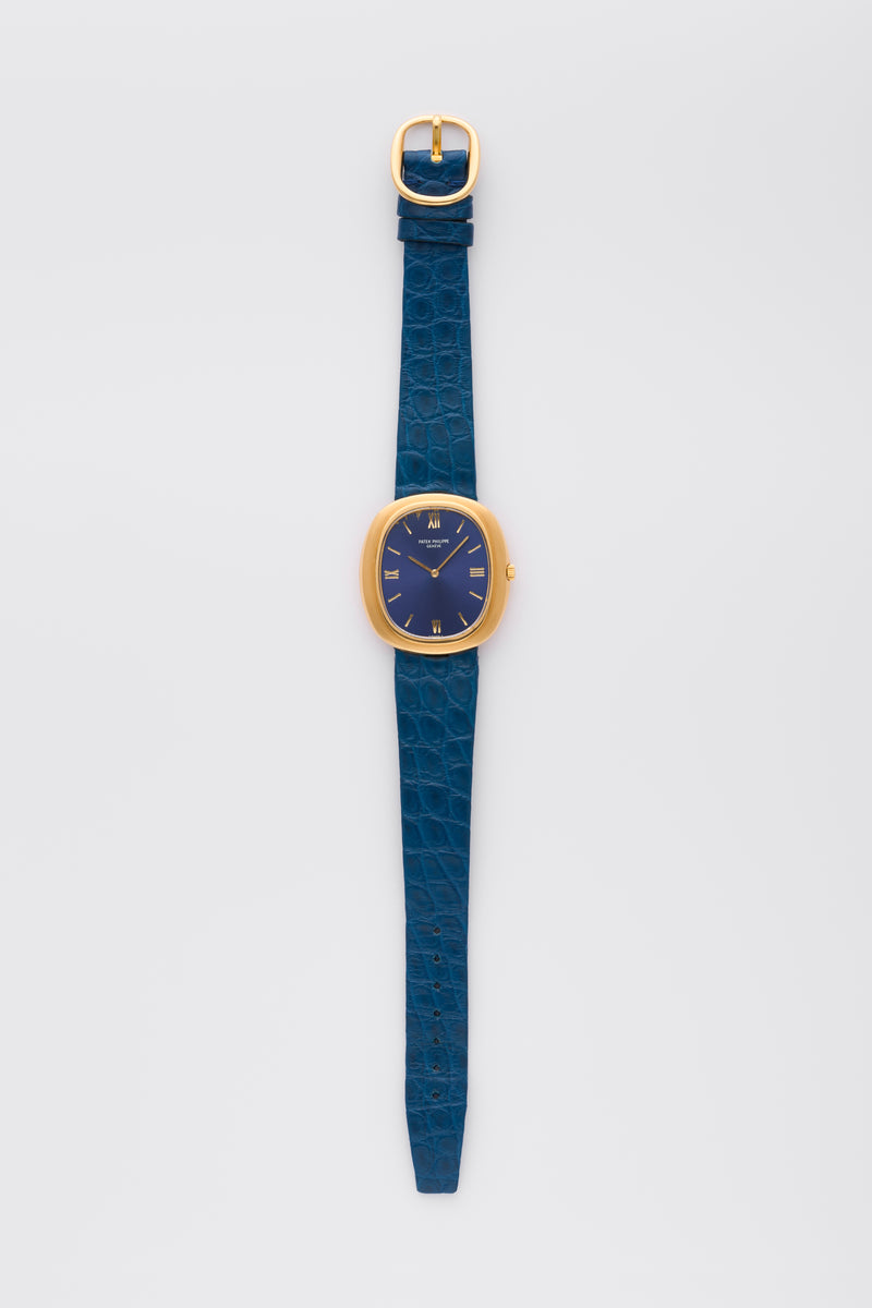 1970s Patek Philippe Jumbo Ellipse 18k Yellow Gold Blue Dial 3589