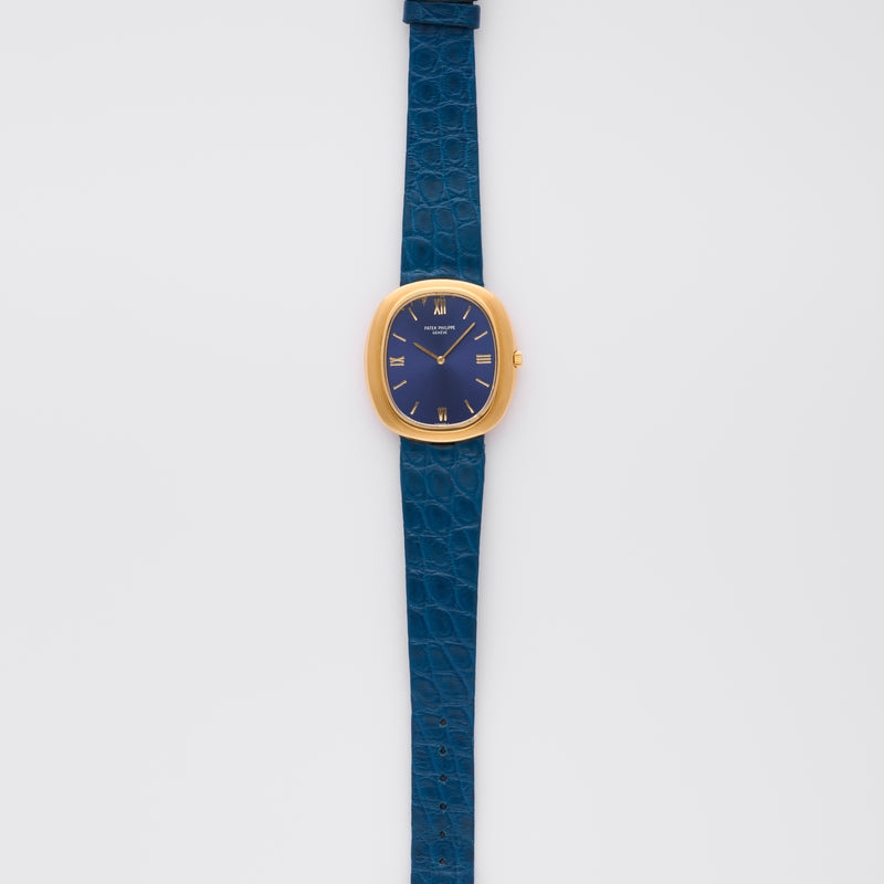 1970s Patek Philippe Jumbo Ellipse 18k Yellow Gold Blue Dial 3589