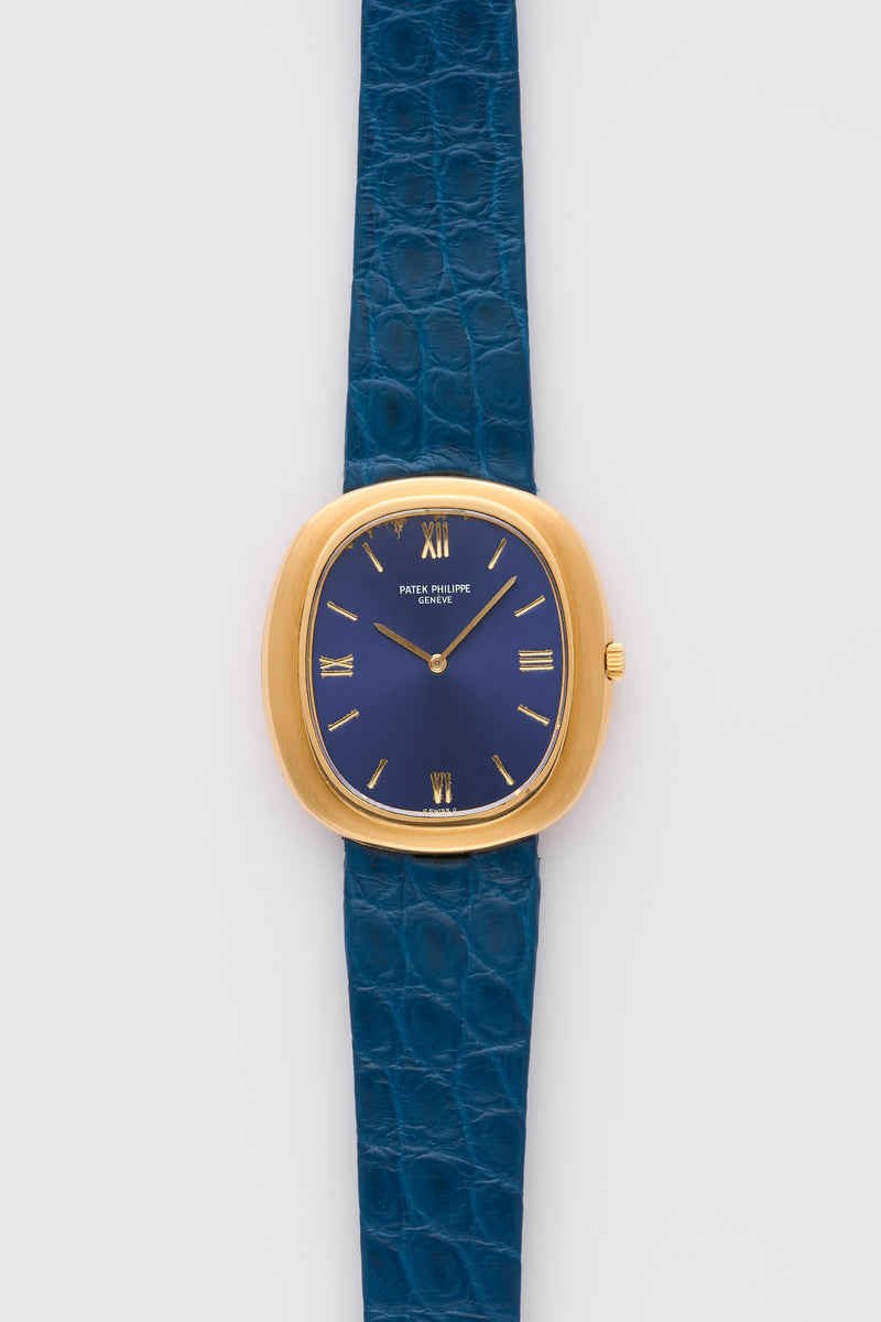 1970s Patek Philippe Jumbo Ellipse 18k Yellow Gold Blue Dial 3589