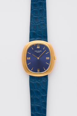 1970s Patek Philippe Jumbo Ellipse 18k Yellow Gold Blue Dial 3589