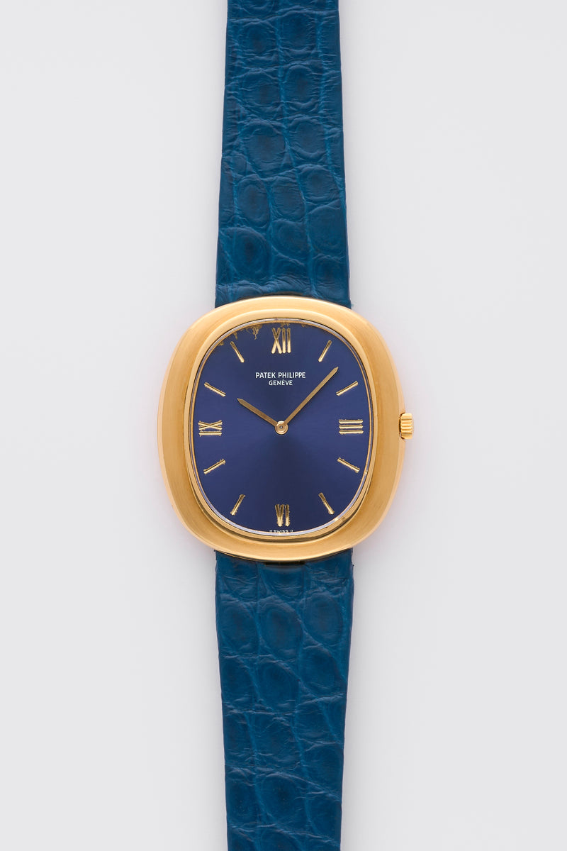 1970s Patek Philippe Jumbo Ellipse 18k Yellow Gold Blue Dial 3589