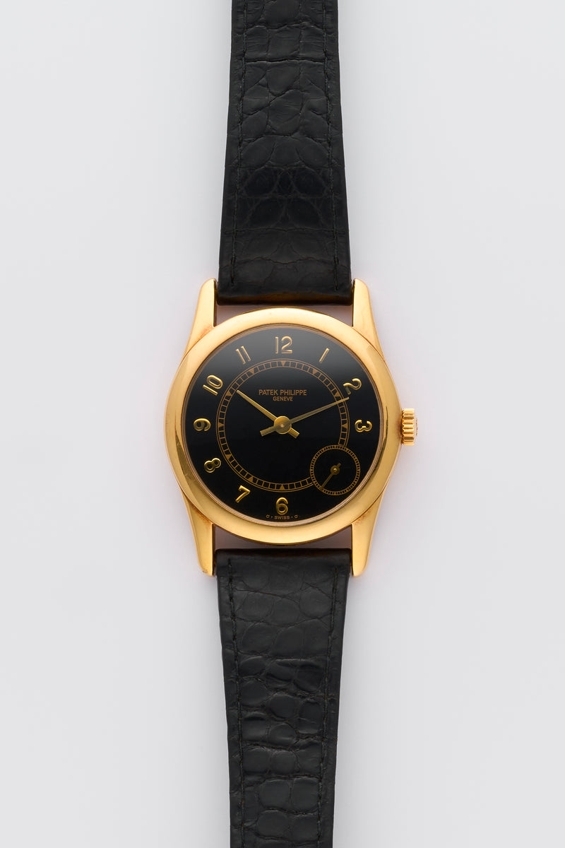1990s Patek Philippe Calatrava 18k Yellow Gold Black Dial 5000J