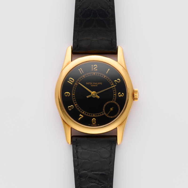 1990s Patek Philippe Calatrava 18k Yellow Gold Black Dial 5000J