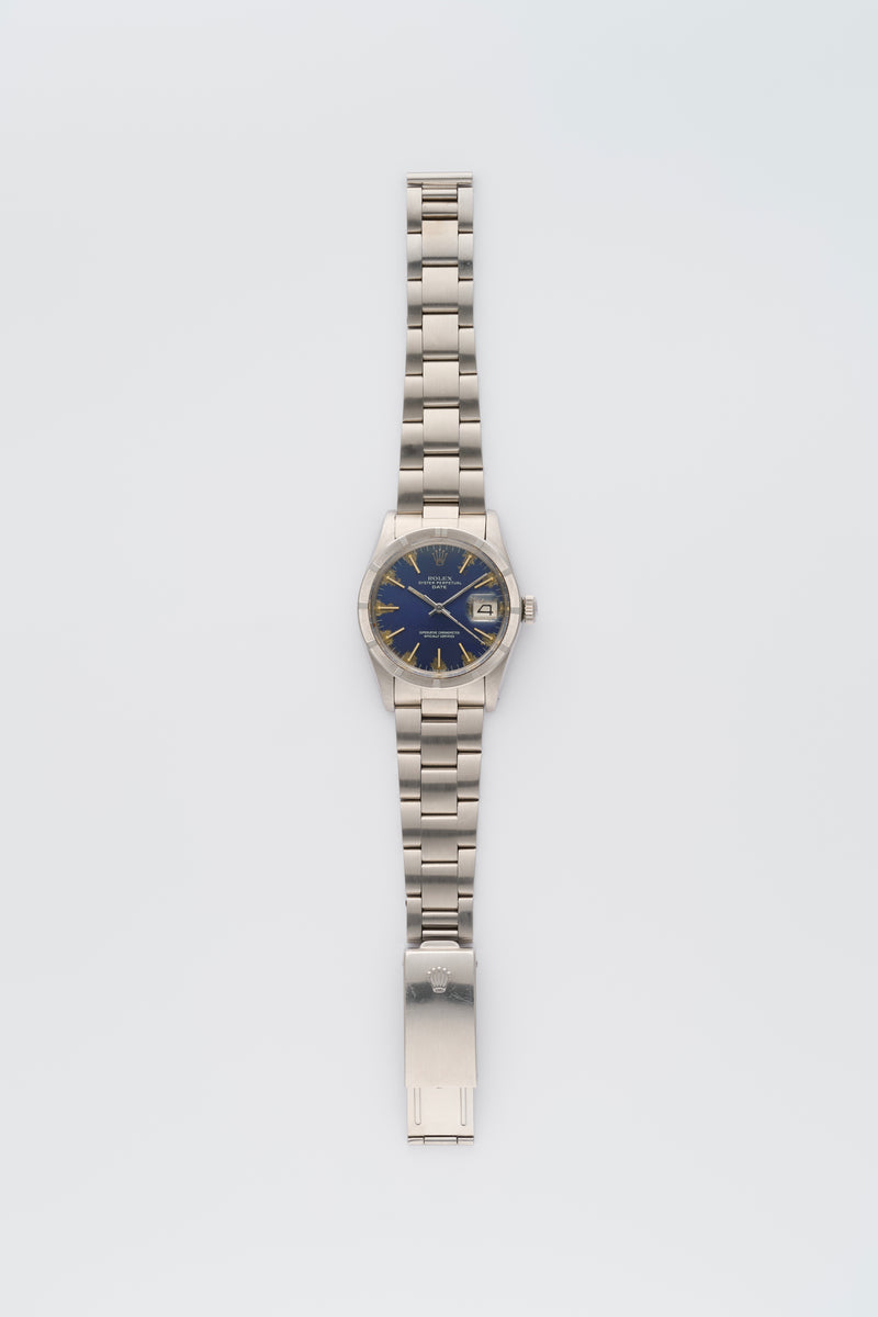 1980 Rolex Oyster Perpetual Date "Engine turned" bezel Tropical bleu Dial 1500
