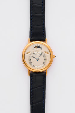 1990s Breguet Classique Day-Date Moonphase 18k Yellow Gold Guilloché engraved silvered Dial 3330 BA with box and papers