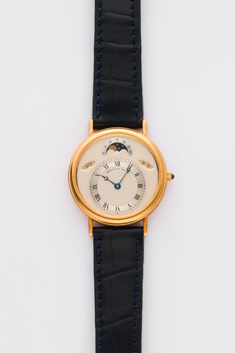 1990s Breguet Classique Day-Date Moonphase 18k Yellow Gold Guilloché engraved silvered Dial 3330 BA with box and papers