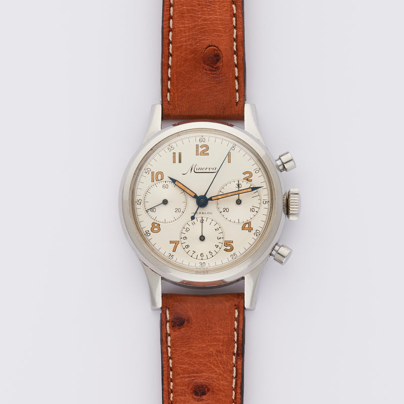 1950s Minerva Waterproof Incabloc Chronograph White Dial VD712