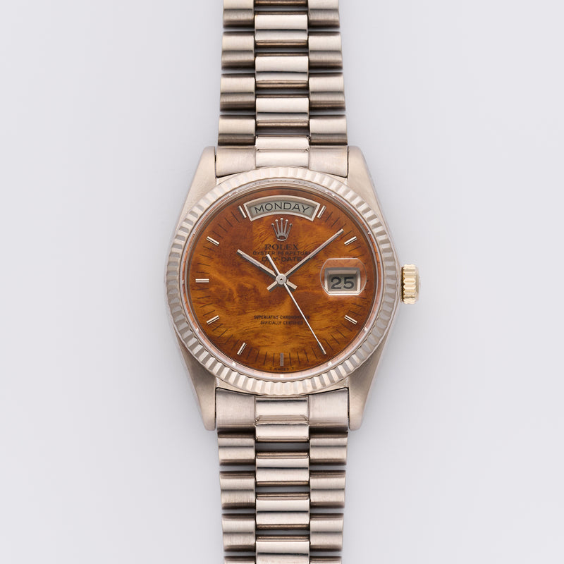 1982 Rolex Oyster Perpetual Day-Date 18k White Gold "Burl" Wood Dial 18039