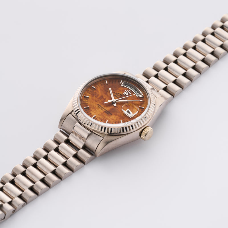 1982 Rolex Oyster Perpetual Day-Date 18k White Gold "Burl" Wood Dial 18039