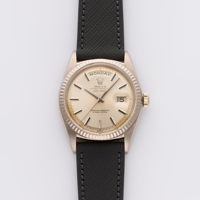 1964 Rolex Oyster Perpetual Day-Date 18k White Gold "No Lume" Soleil Silver Dial 1803 with COSC papers and 1967 Osaka Rolex Service Center papers