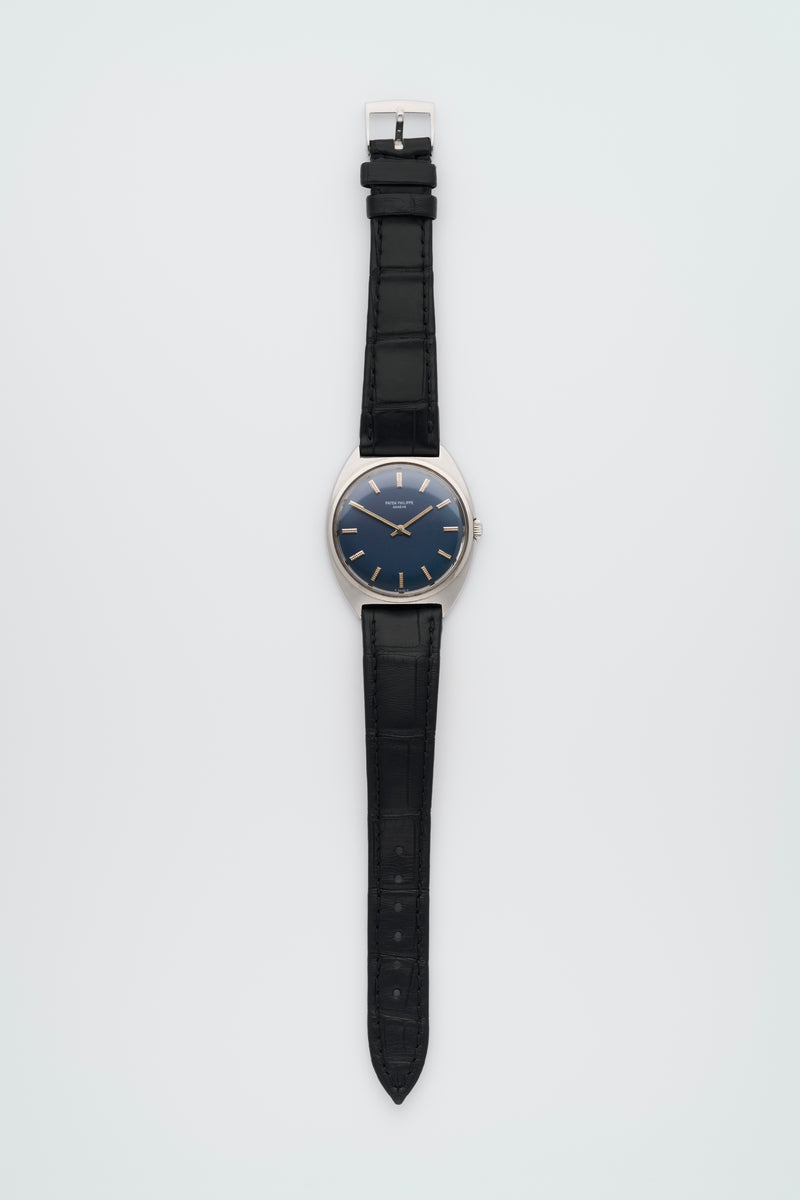 1974 Patek Philippe Stainless Steel Calatrava Tonneau Blue Dial 3574 with extract from the archives