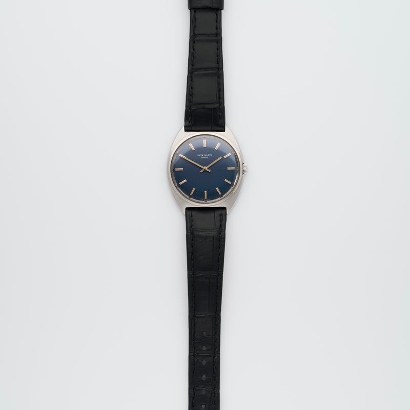 1974 Patek Philippe Stainless Steel Calatrava Tonneau Blue Dial 3574 with extract from the archives