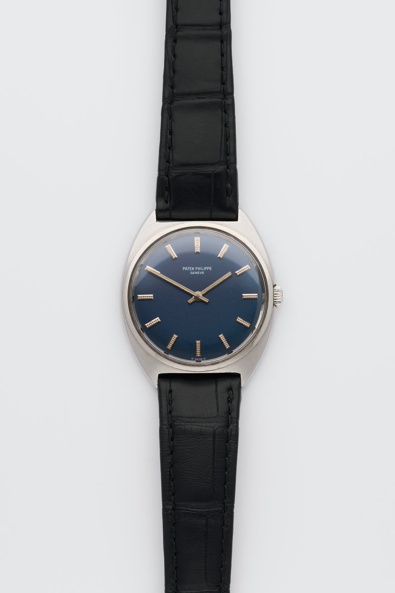 1974 Patek Philippe Stainless Steel Calatrava Tonneau Blue Dial 3574 with extract from the archives