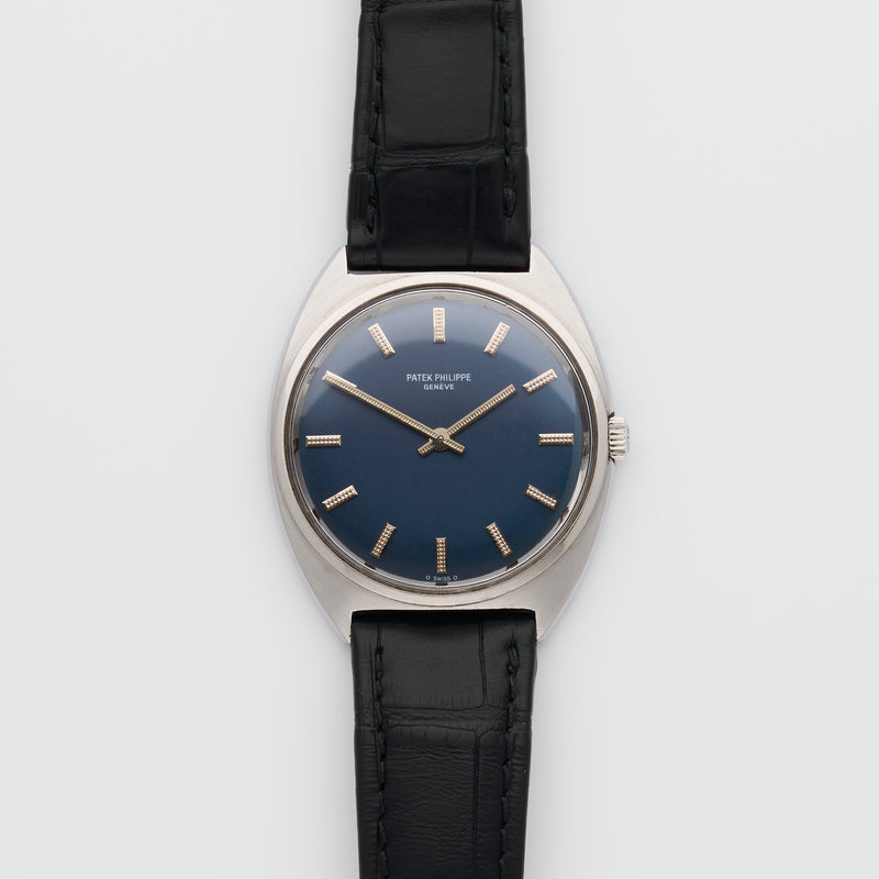 1974 Patek Philippe Stainless Steel Calatrava Tonneau Blue Dial 3574 with extract from the archives