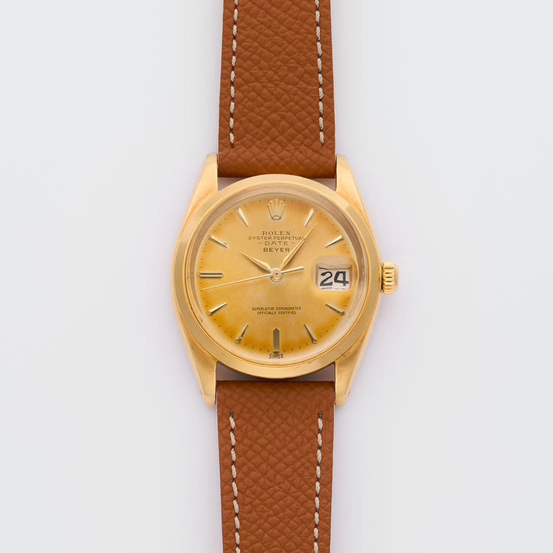 1962 Rolex Oyster Perpetual 18k Yellow Gold Date Double Signed Beyer Tropical Swiss only dial 1503