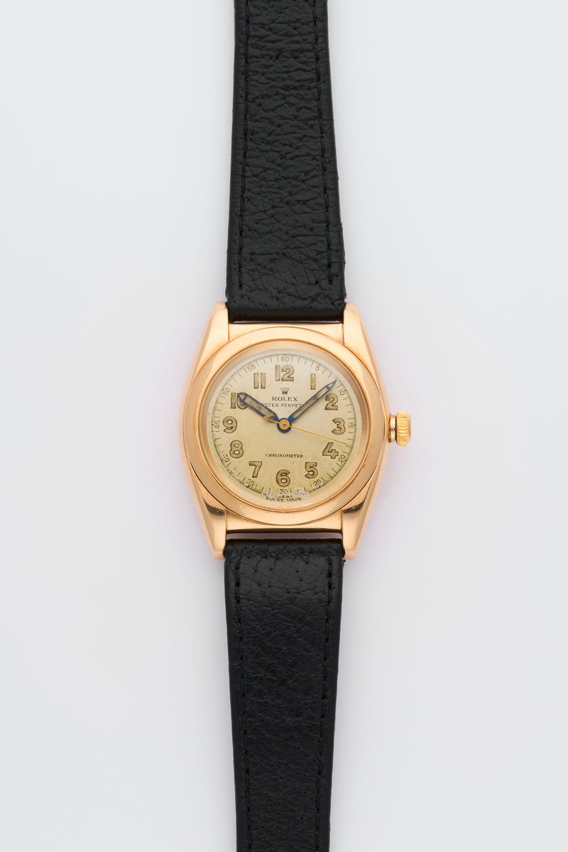 1940s Rolex Oyster Perpetual Chronometer Bubble Back 14k Yellow Gold Arabic dial 3131