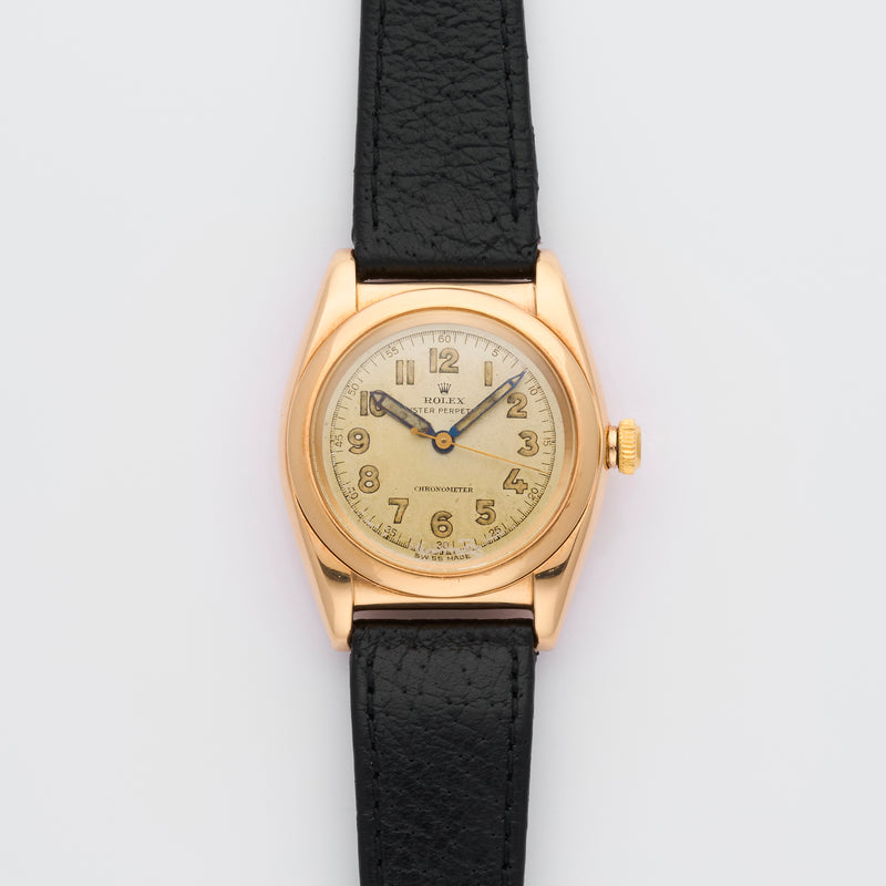 1940s Rolex Oyster Perpetual Chronometer Bubble Back 14k Yellow Gold Arabic dial 3131