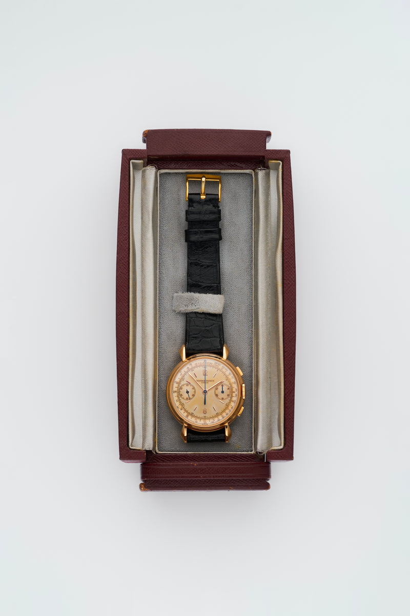 1950s Vacheron Constantin Historique Chronograph 18k Yellow Gold Silvered Dial 4178 with Box
