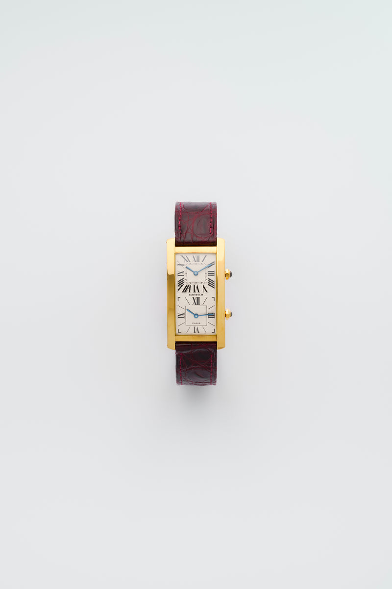 1990s Cartier Tank Cintrée Dual Time 18k Yellow Gold "Paris" Dial 062-90