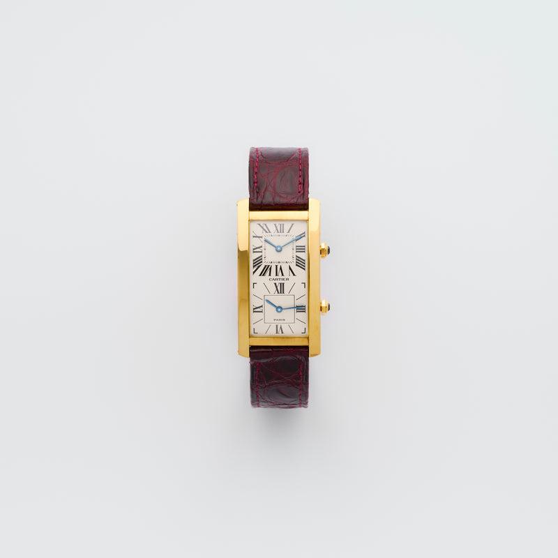1990s Cartier Tank Cintrée Dual Time 18k Yellow Gold "Paris" Dial 062-90