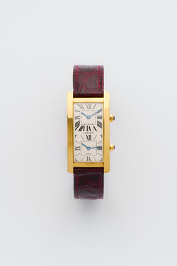 1990s Cartier Tank Cintrée Dual Time 18k Yellow Gold "Paris" Dial 062-90