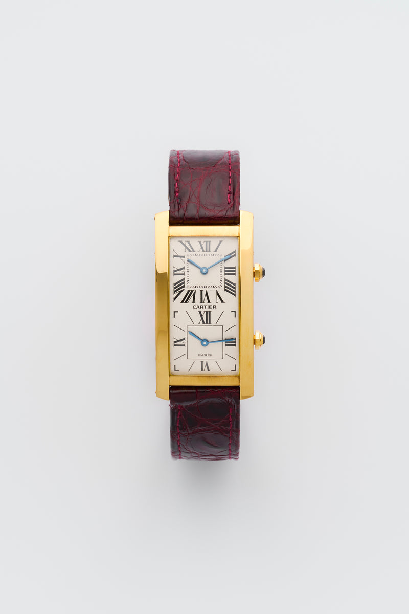 1990s Cartier Tank Cintrée Dual Time 18k Yellow Gold "Paris" Dial 062-90