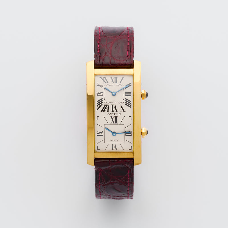 1990s Cartier Tank Cintrée Dual Time 18k Yellow Gold "Paris" Dial 062-90