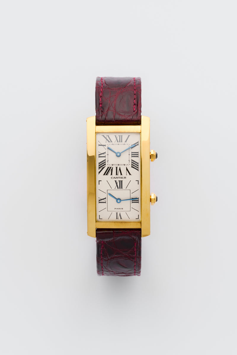1990s Cartier Tank Cintrée Dual Time 18k Yellow Gold "Paris" Dial 062-90
