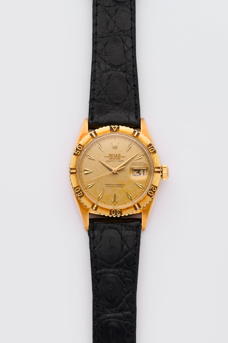 1957 Rolex Oyster Perpetual Datejust "Thunderbird" 18k Yellow Gold Double Signed Serpico Y Laino Swiss only dial 6609