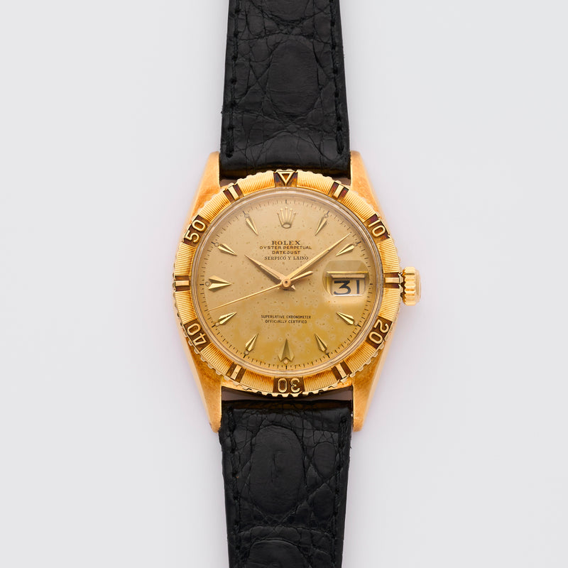 1957 Rolex Oyster Perpetual Datejust "Thunderbird" 18k Yellow Gold Double Signed Serpico Y Laino Swiss only dial 6609