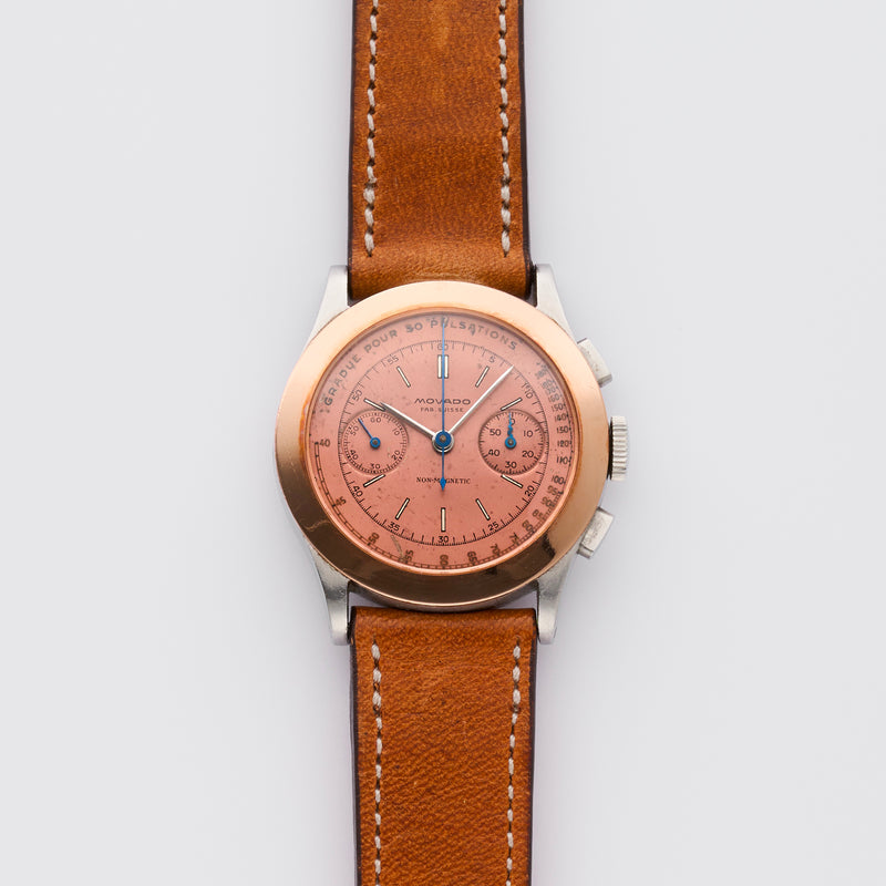 1930s Movado M90 Chronograph 18k Pink Gold / Steel Salmon Copper Dial 19009