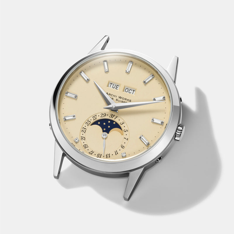 PRE-ORDER FOR THE LIMITED EDITION 2026 ARCHI WORKS «PADELLONE» TRIPLE CALENDAR MOONPHASE MOONLIGHT PANNA DIAL 55