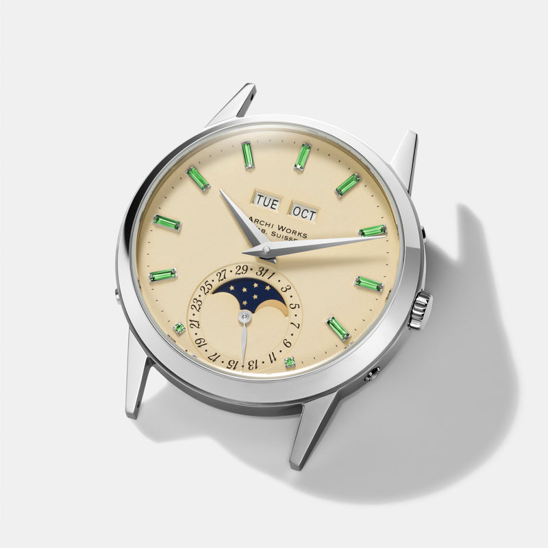 PRE-ORDER FOR THE LIMITED EDITION 2026 ARCHI WORKS «PADELLONE» TRIPLE CALENDAR MOONPHASE AURORA PANNA DIAL 55