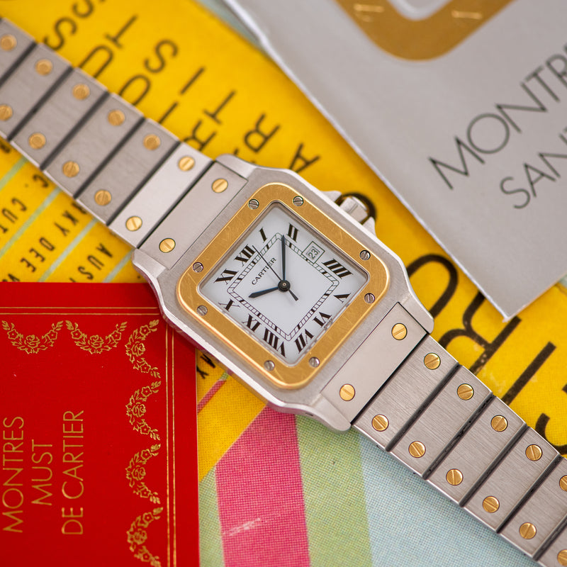 1980s Cartier Santos Gold/Steel 2961 With Service card and Cartier Pouch