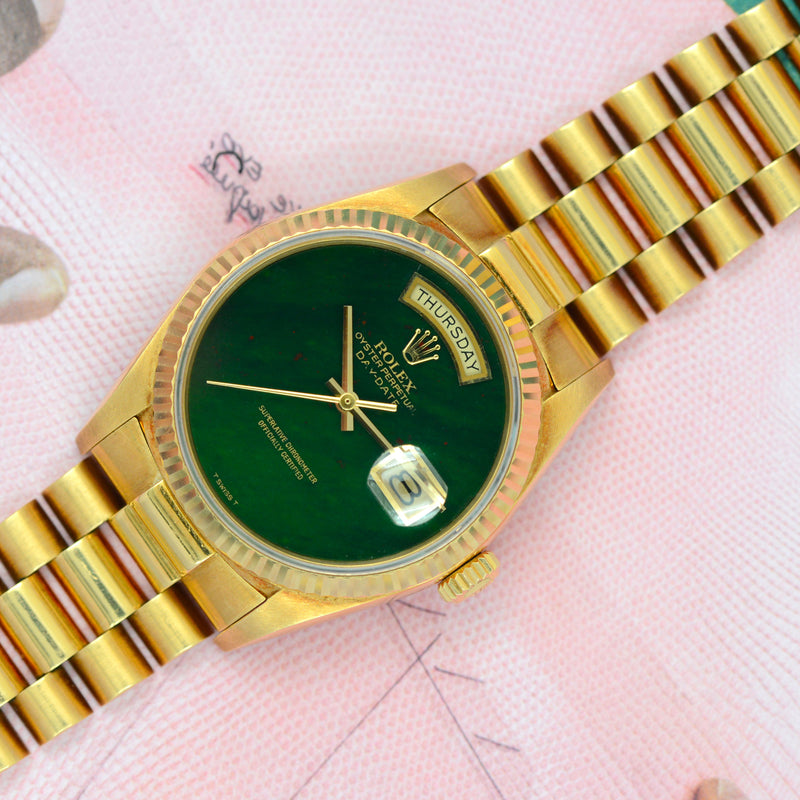 1987 Rolex Oyster Perpetual Day-Date 18k Yellow Gold "Bloodstone" Jasper Dial 18038
