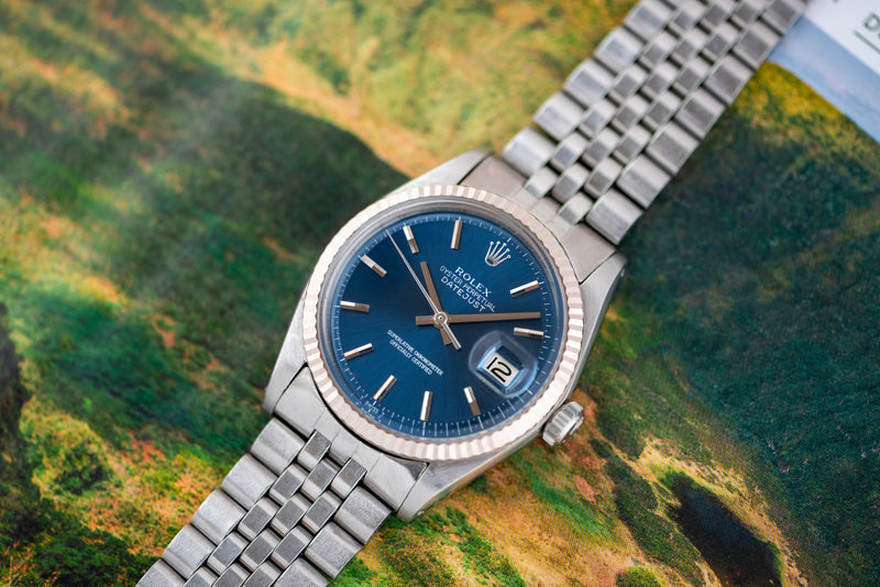 1971 Rolex Oyster Perpetual Datejust No lume Blue Soleil dial 1601 Archiwatch