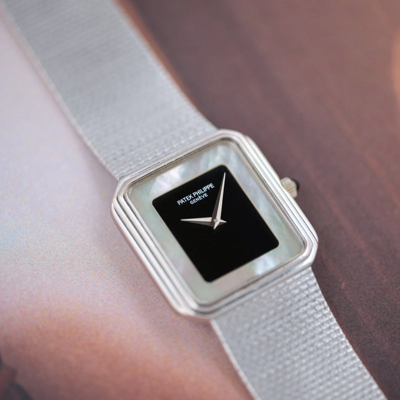 1970s Patek Philippe 18k White Gold Onyx and Mother of Pearl Dial 3859