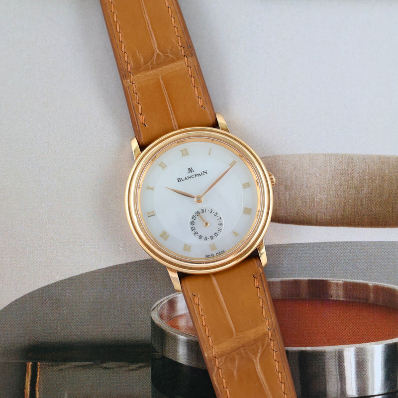 1990s Blancpain Villeret Date 18k Yellow Gold Mother of Pearl Dial 4795 with Original Papers and Booklet